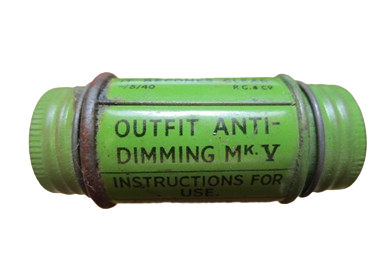 Green metal tube with black writing: OUTFIT ANTI-DIMMING Mk V