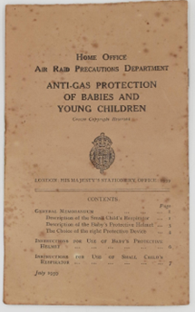 Front page of a booklet. Yellowed aged paper with black text. Title reads ANTI-GAS PROTECTION OF BABIES AND YOUNG CHILDREN