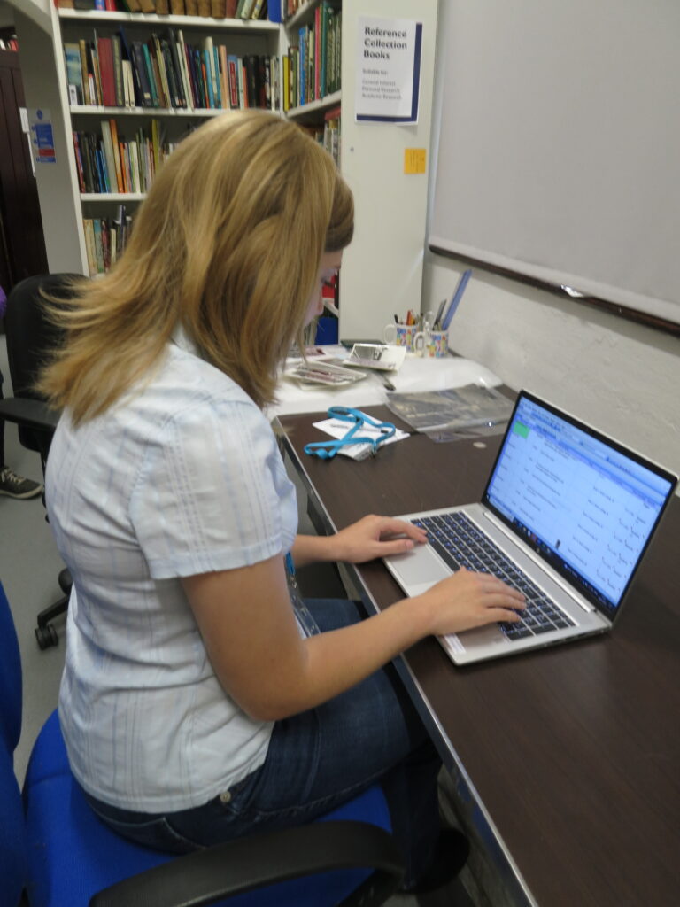 blonder person looking at a spreadsheet on a laptop