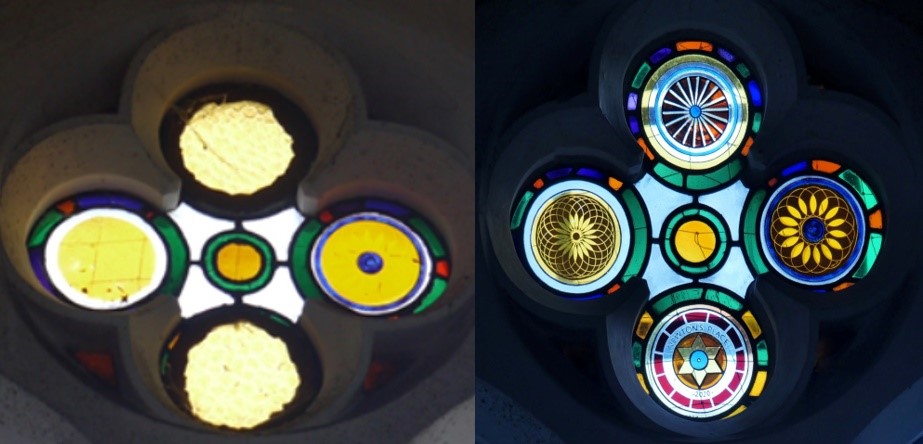 left image shows four round stained glass panels, they are yellow and most of the detail has been lost so they look like empty circles. On the right the restored panels: two have flower patterns, one says Newton's Place and one has a wheeel design