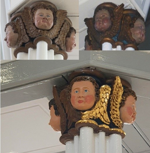 images show carved cherub faces at the top of a column in various stages of repair