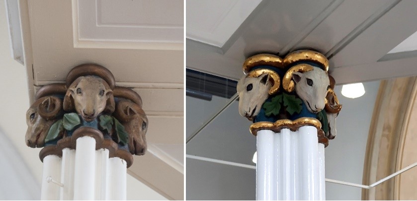 two images of a white building column with carved painted rams heads at the top. On the left images the rams are a dirty brown, on the right they are painted white with gold leaf accents