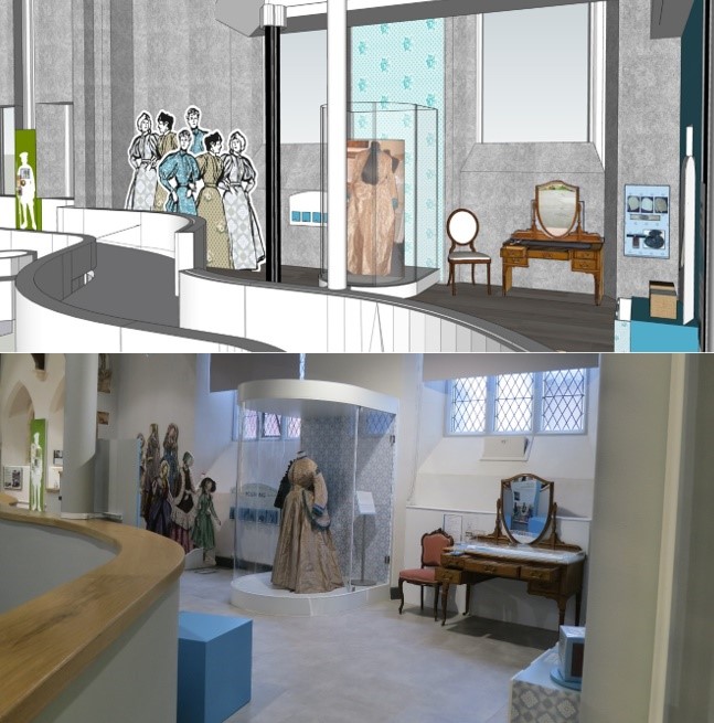 top image shows a drawing of the proposed costume area, bottom image is aphoto of the real area, both show a dress in a glass case