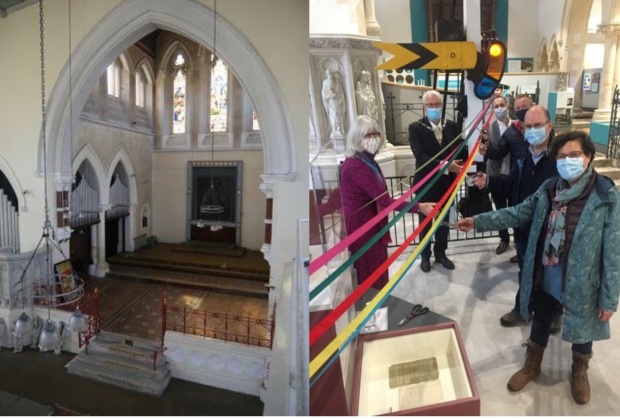 image on left shows an empty church building image on right shows a group of people in face masks cutting ribbons to show museum is open