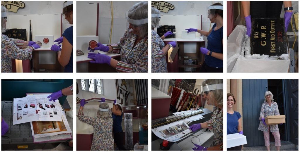 a series of images showing the Curator and Museum Assisstant pitting objects on display wearing plastic face shields
