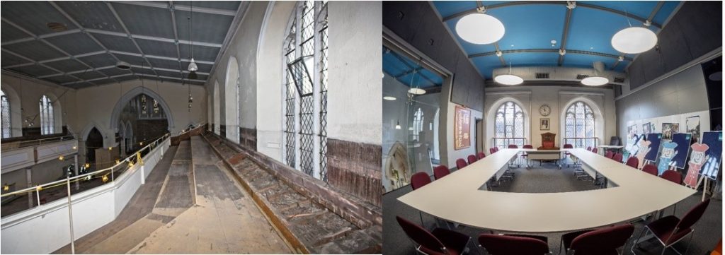 Left image shows a narrow wooden balcony in poor condition. Image on right shows a finished meeting room with a large table and chairs