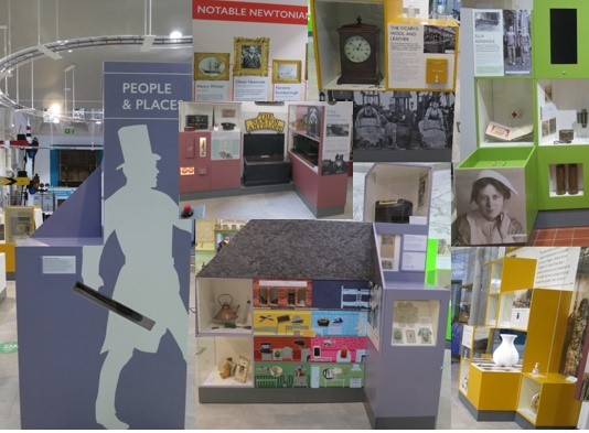 the museum display cases are brightly coloured blocks with a different colour for each topic