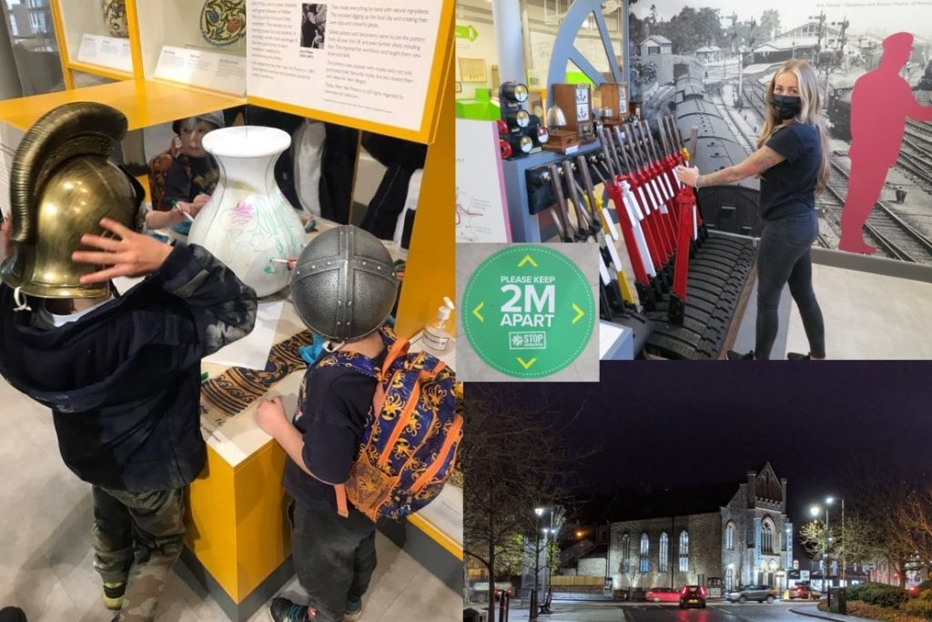 Various images of the museum. Children trying on a roman helmet and drawing on a model pot, a woman in a fabric mask pulling a signal lever, a green 2 mertre distance reminder sticker and a photo of the building at night