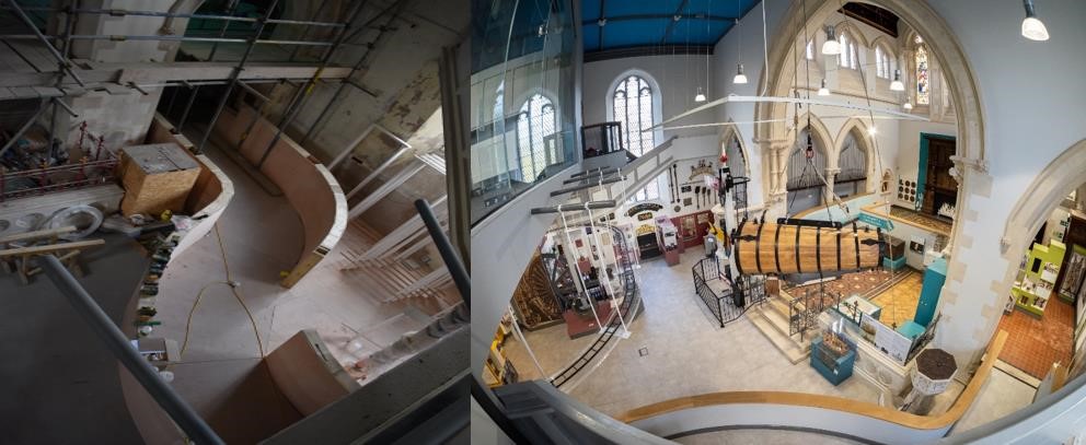 Two views of the museum floor from above. On the left you can see scaffolding and a half built ramp with building materials scattering around. Right image shows finished museum with an elevated model train track, display cases and a hanging diving engine.