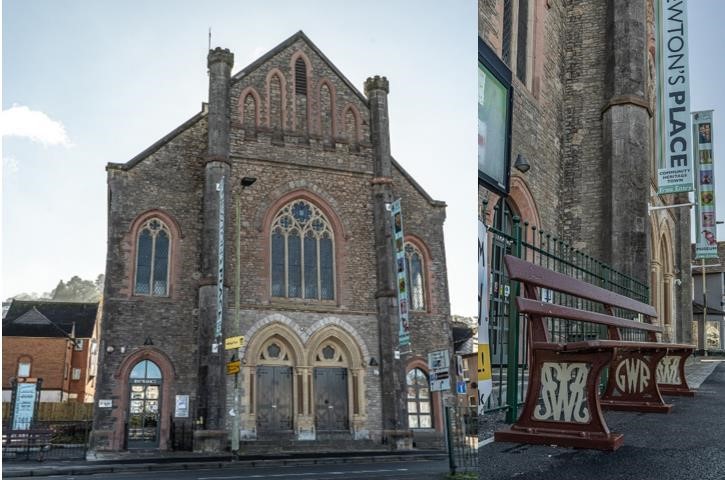 Two images of the outside of the building. The building has large banners that say 'Newton's Place' and a red bench with GWR logos outside