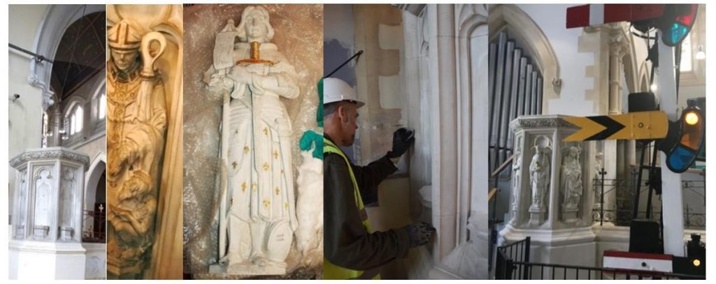 a series of images showing a dirty grey pulpit with empty alcoves, saints statues with some damage, a man in a hard hat cleaning the pulpit and the pulpit with clean statues put back into the alcoves