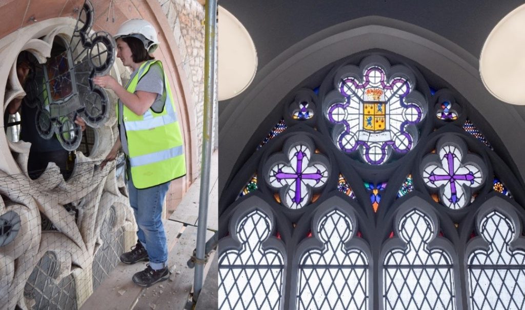 left image shows a woman in a hard hat removing the stained glass from the stone window frame. Right image shows the window back in place