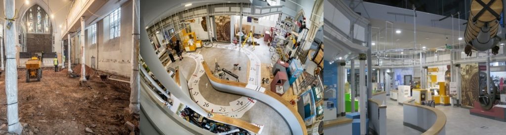 progress images of the museum being installed. Left shows the floor being dug up with exposed earth. Middle shows the space from above with a diagram laid out on the floor. Right shows the finished museum, you can see display cases and the diving engine hanging from the ceiling